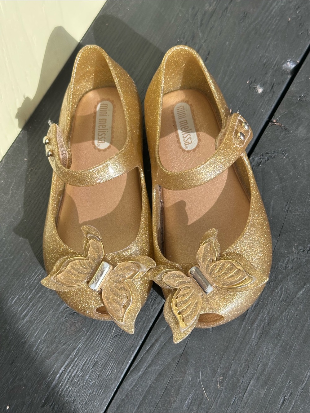 Mini Melissa baby Gold Glitter Butterfly Mary Jane Shoes Size 7